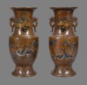 A Pair of Inlaid Japanese Bronze Vases