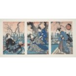 Utagawa Kunisada (Toyokuni III): Nine woodblock printed ukiyo-e triptychs