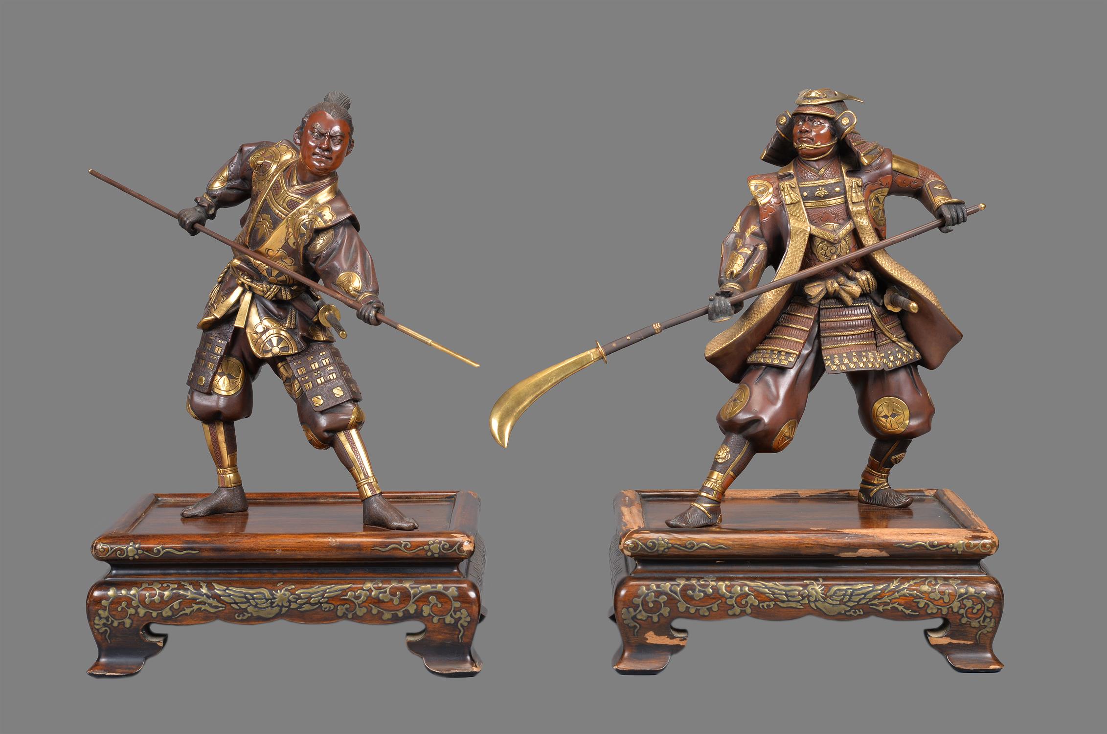 Gyokko: Two Japanese Parcel Gilt Bronze Figures of Warriors