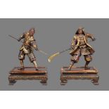Gyokko: Two Japanese Parcel Gilt Bronze Figures of Warriors