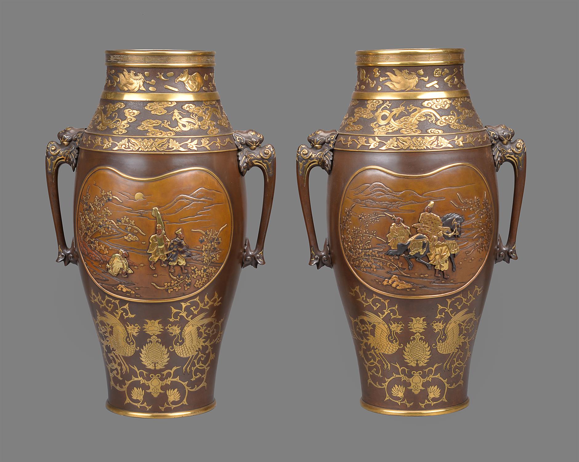 Style of Eisuke Miya-O: A Pair of Parcel Gilt Bronze Vases