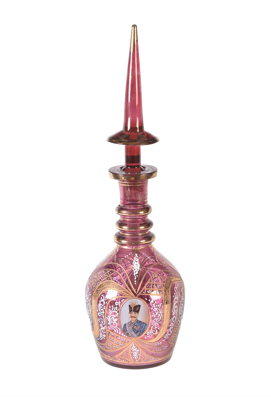 A Bohemian large ruby-stained glass decanter and stopper