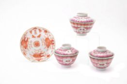 Three Chinese famille rose 'Lotus' bowls and covers