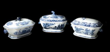 Three various Chinese Export blue and white tureens and covers