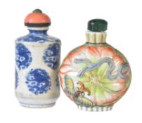 A Chinese blue and white 'Dragon' snuff bottle and stopper