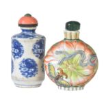 A Chinese blue and white 'Dragon' snuff bottle and stopper