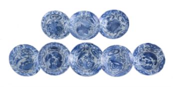 Eight various 'Kraak Klapmuts' blue and white small bowls