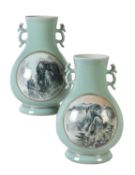 A pair of large celadon-ground famille rose vases