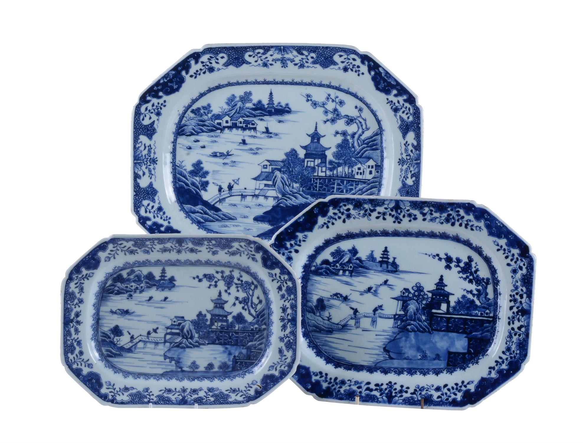 Three Chinese blue and white export porcelain meat dishes