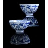 A pair of rare Chinese blue and white 'Crane and Trigram' bowls