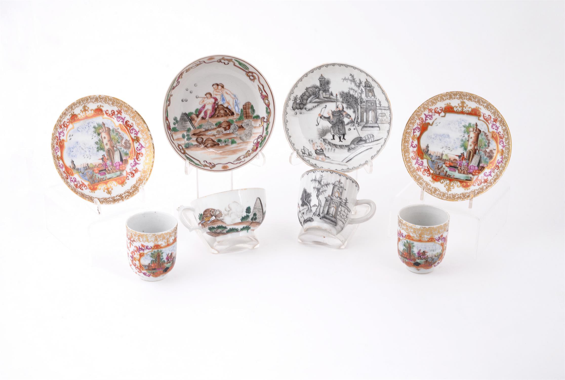 A pair of Chinese famille rose 'Meissen style' cups and saucers