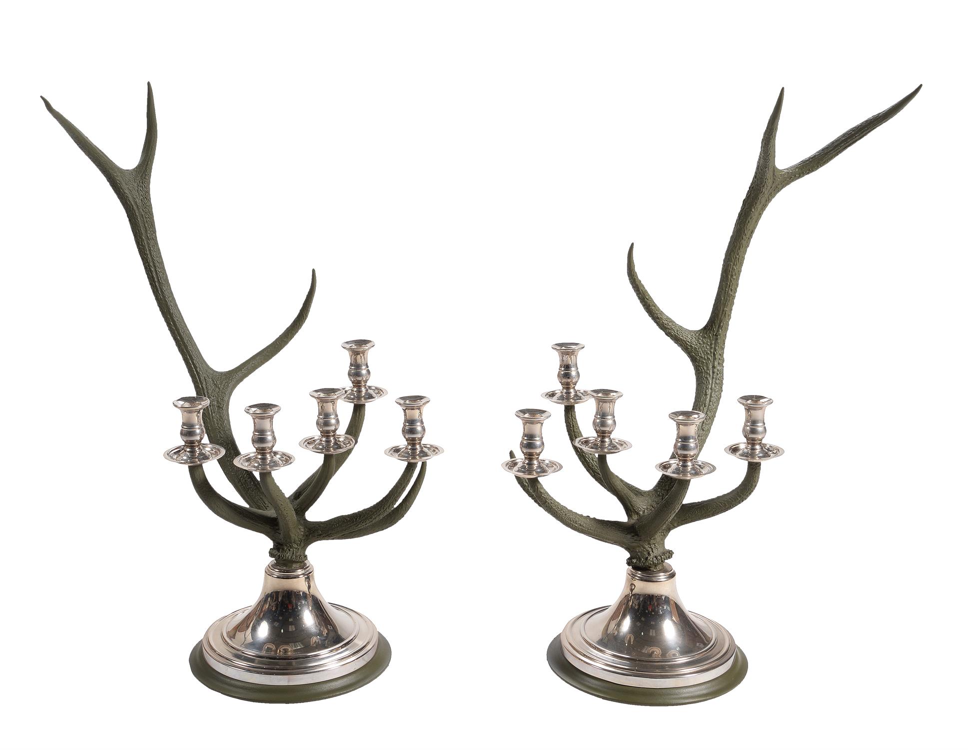 A pair of green painted antler and chromed metal mounted five light candelabra by Anthony Redmile