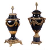 A black glaze ceramic and gilt metal mounted table lamp in Louis XVI taste