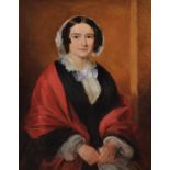 British School (19th century), Portrait of a lady seated wearing a red shawl and beaded necklace