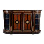 A Victorian amboyna, burr walnut, ebonised, and parcel gilt credenza