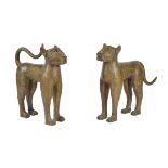 A pair of gold painted metal models of leopards in the style of Benin bronzes