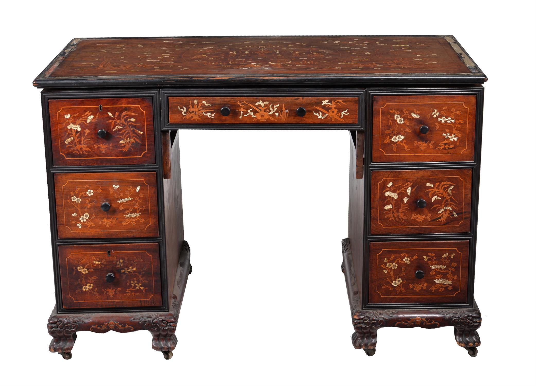 An Anglo-Chinese hardwood and marquetry pedestal desk