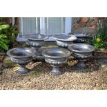 A matched set of six Victorian painted cast iron urns
