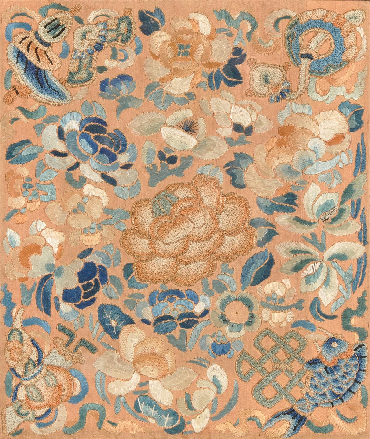 A pair of embroidered rust silk panels from a Han Chinese skirt - Image 2 of 4