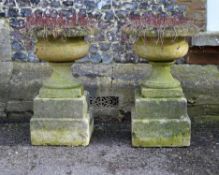 A pair of carved limestone urns on plinths