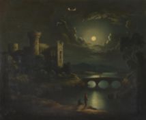 Circle of Sebastian Pether (British 1790-1844), Moonlit landscape with bridge and castle