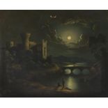 Circle of Sebastian Pether (British 1790-1844), Moonlit landscape with bridge and castle