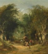 William Shayer (British 1787-1879) , A gypsy family with a wagon halted by a woodland path