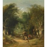 William Shayer (British 1787-1879) , A gypsy family with a wagon halted by a woodland path