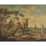 Italian School (18th Century), Capriccio harbour scene with figures along the shore