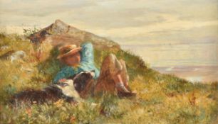 Lionel Percy Smythe (British 1839-1918), Boy resting beside a rock with his dog
