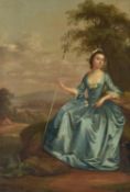 Arthur Devis (British 1711-1787) Portrait of a lady in a blue dress with shepherd's crook