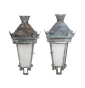 A pair of French or English bronzed metal lanterns