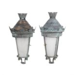 A pair of French or English bronzed metal lanterns