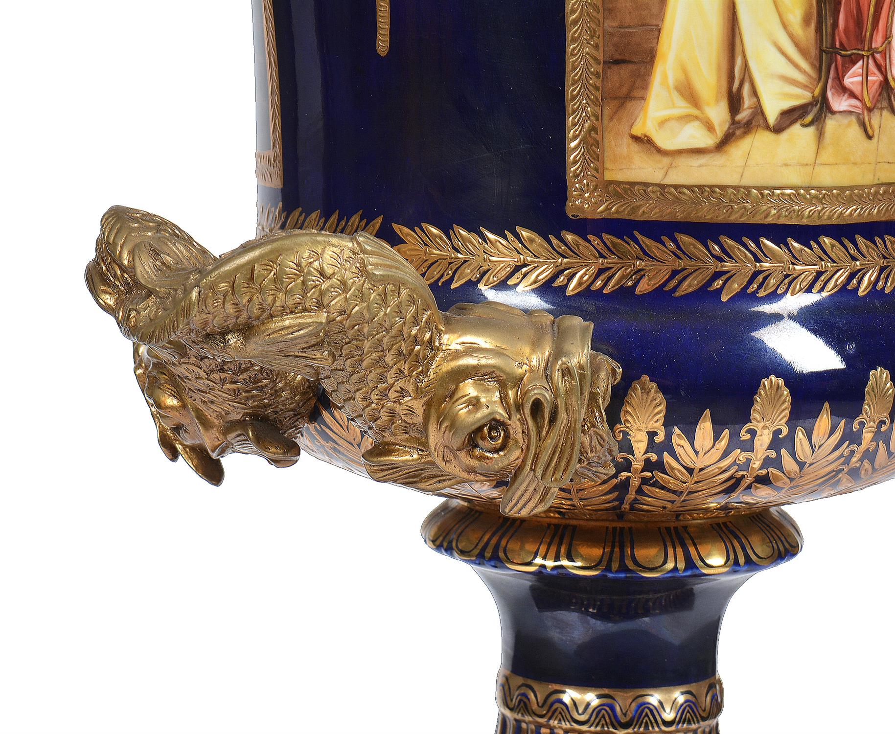 A pair of modern Sevres-style porcelain and gilt metal mounted campana urns and stands - Image 10 of 13