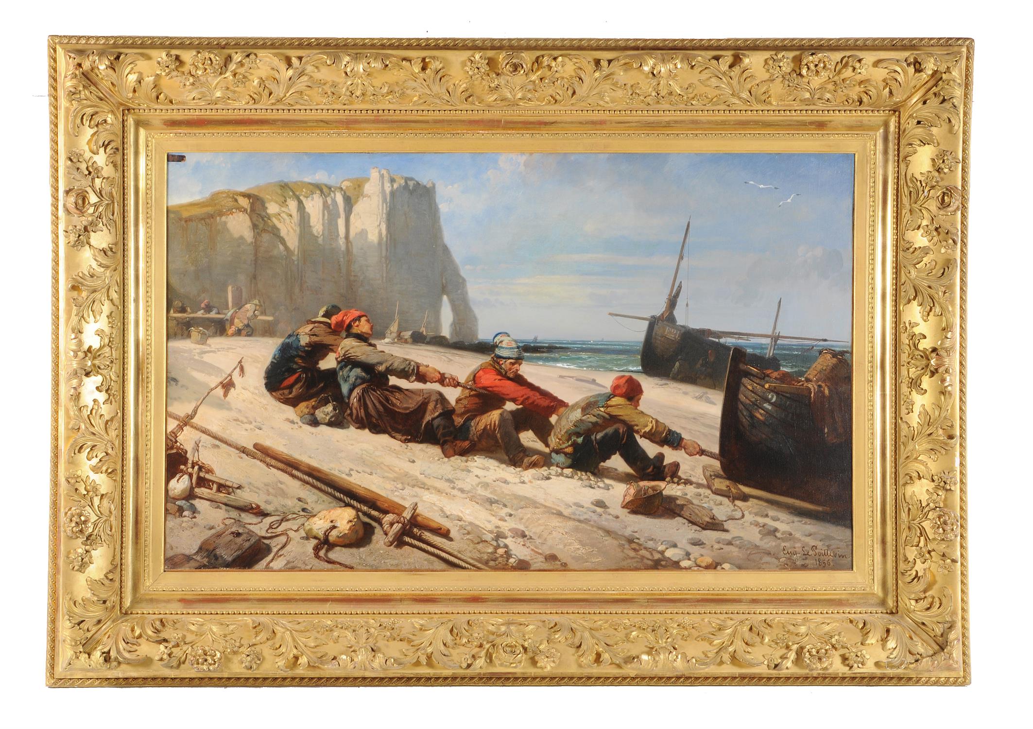 Eugène Modeste Edmond Le Poitevin (French 1806-1870) , Fishermen hauling a boat - Image 2 of 3