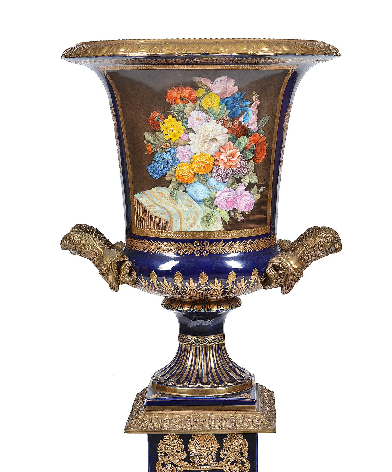 A pair of modern Sevres-style porcelain and gilt metal mounted campana urns and stands - Image 8 of 13