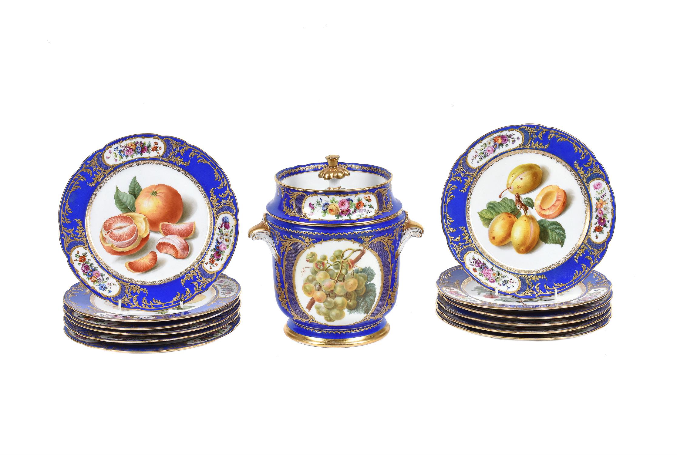 A Paris porcelian (Boyer Sr de Feuillet) blue-ground and gilt Sevres-style part dessert service