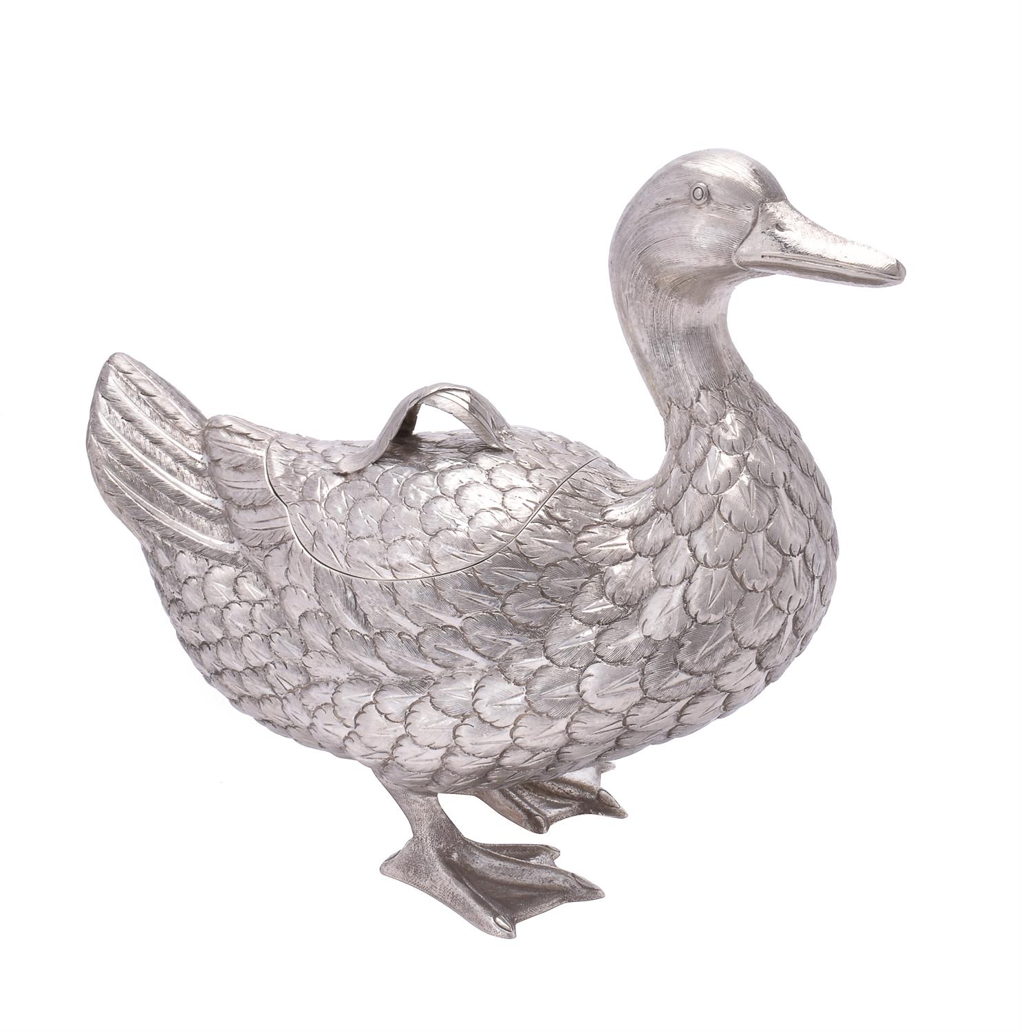 A Portuguese silver coloured novelty large duck tureen or box