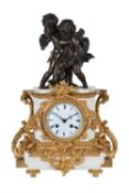 A late 19th century French white marble, ormolu and bronze mounted mantel clock