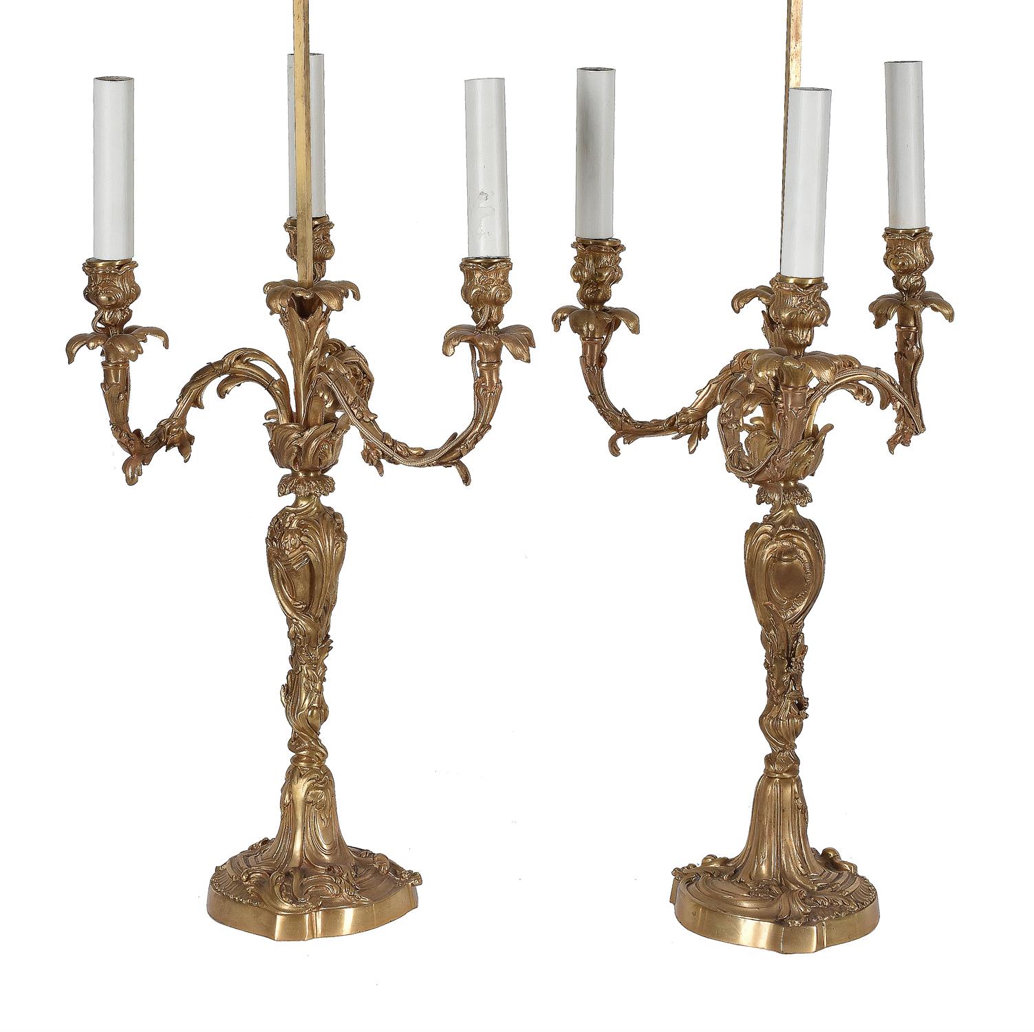 A pair of French gilt bronze Rococo Revival three-branch candelabra - Image 2 of 2