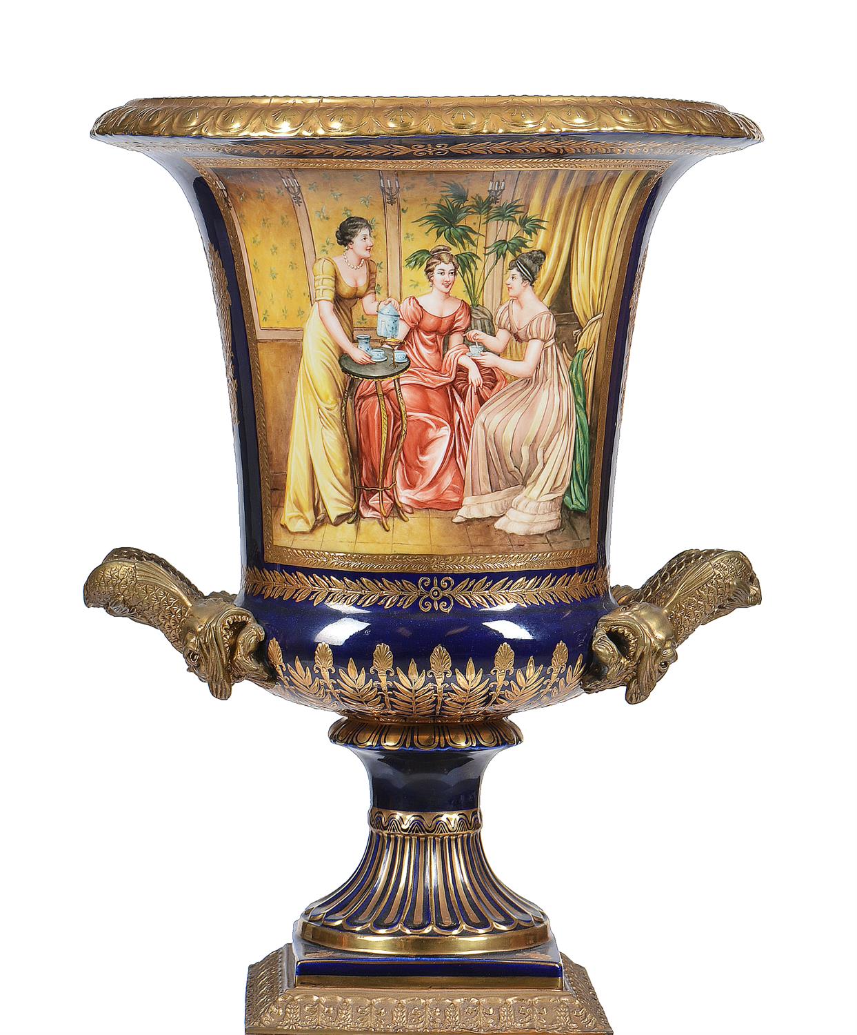 A pair of modern Sevres-style porcelain and gilt metal mounted campana urns and stands - Image 6 of 13