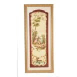 A set of four framed painted decorative panels in the mid-18th century Chinoiserie manner