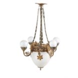 A Continental, probably French, gilt-metal and frosted glass four-branch ceiling light