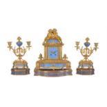 A French Sevres style porcelain and gilt metal mounted clock garniture Japy Frères