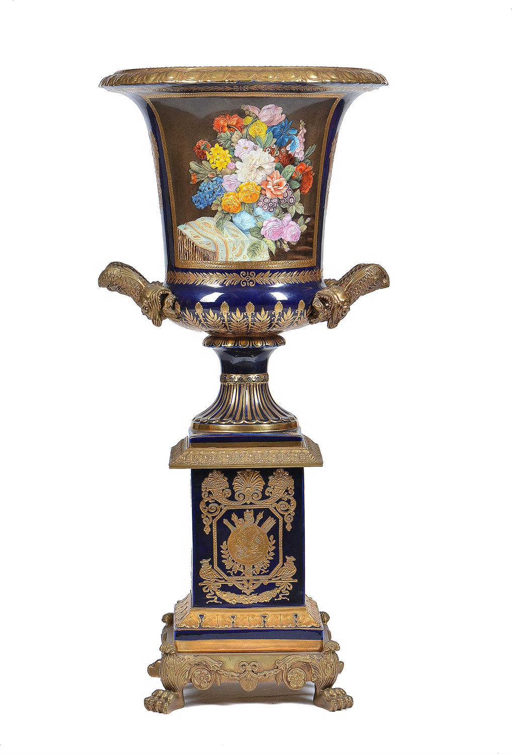 A pair of modern Sevres-style porcelain and gilt metal mounted campana urns and stands - Image 5 of 13