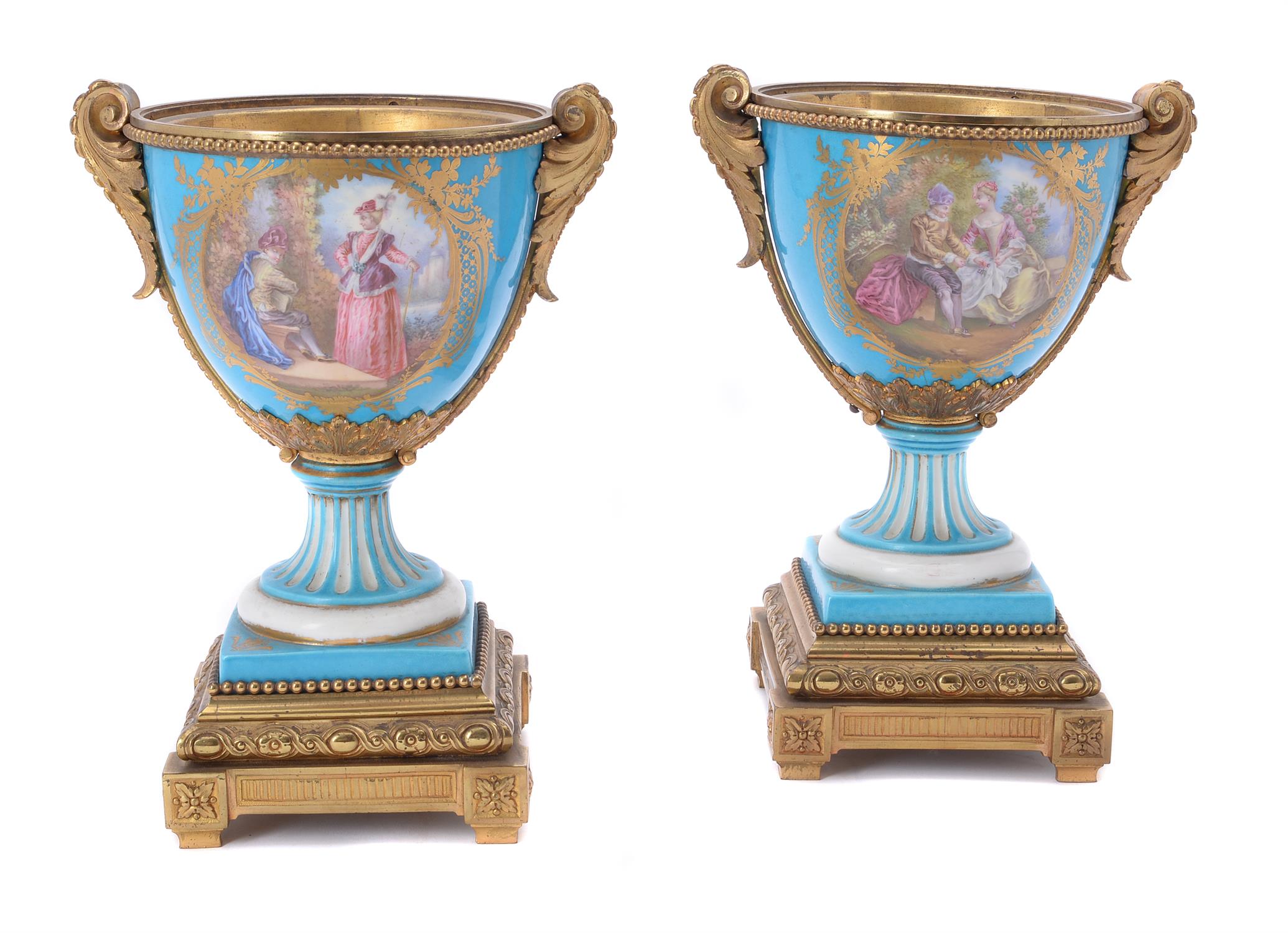 A pair of French porcelain Sevres-style gilt-metal mounted urns - Image 2 of 7