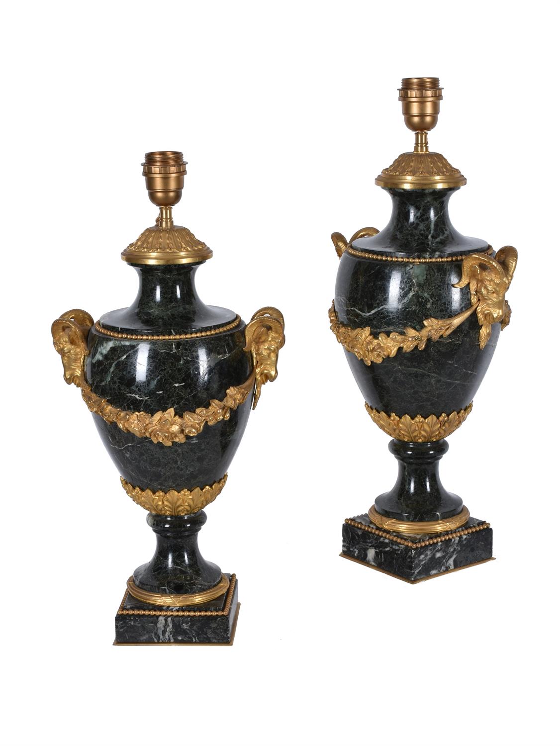 A pair of French green serpentine marble and gilt metal mounted table lamps in Louis XVI style - Image 2 of 3