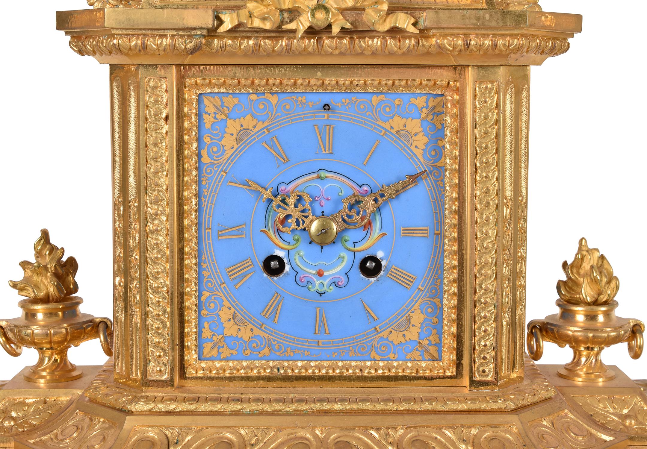 A French Sevres style porcelain and gilt metal mounted clock garniture Japy Frères - Image 2 of 5