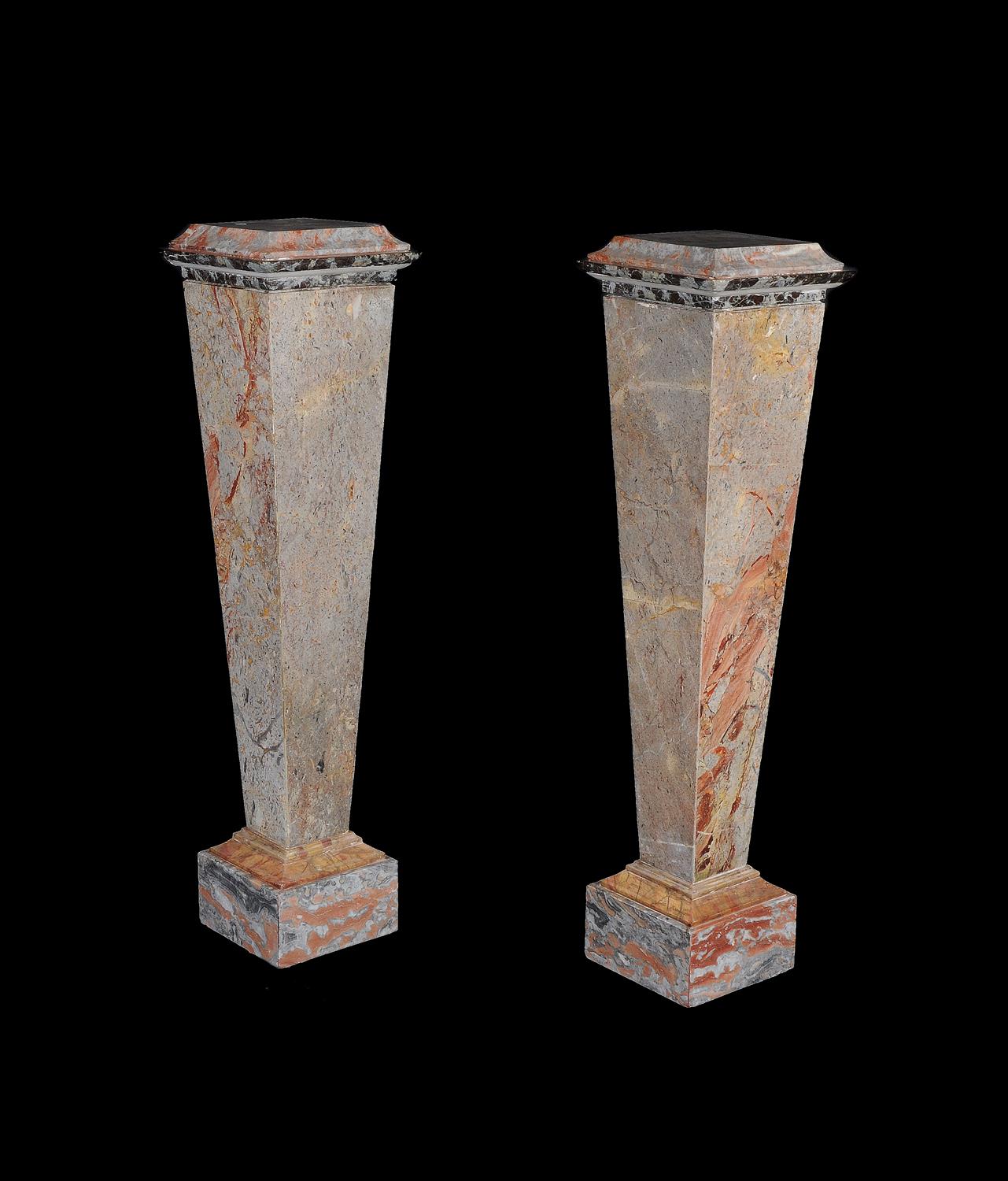 A pair of Continental Sarrancolin marble pedestals