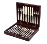 A set of eighteen Scottish silver old English thread pattern fruit knives and forks by Hamilton & In